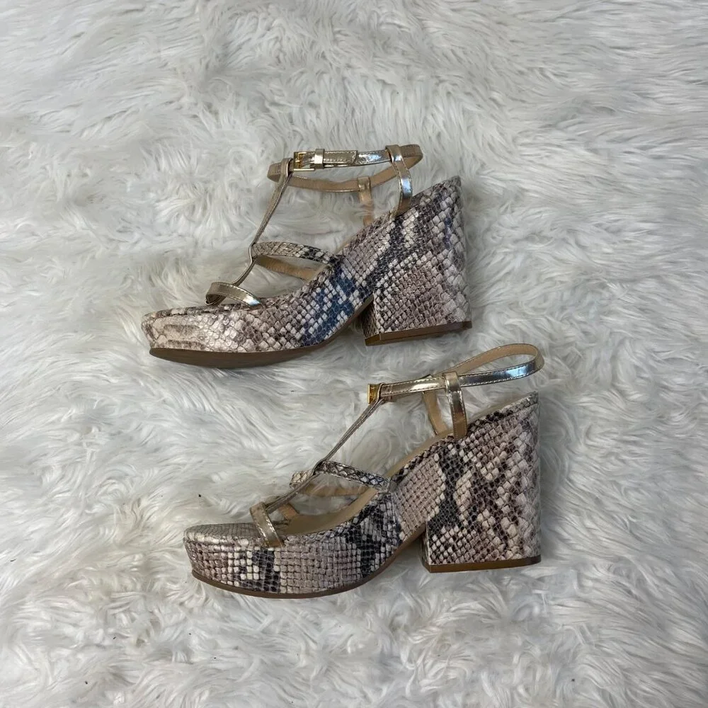 Kate Spade Venezia Heels 7.5 Tan Snake Print Strappy Platform Open Toe Italy